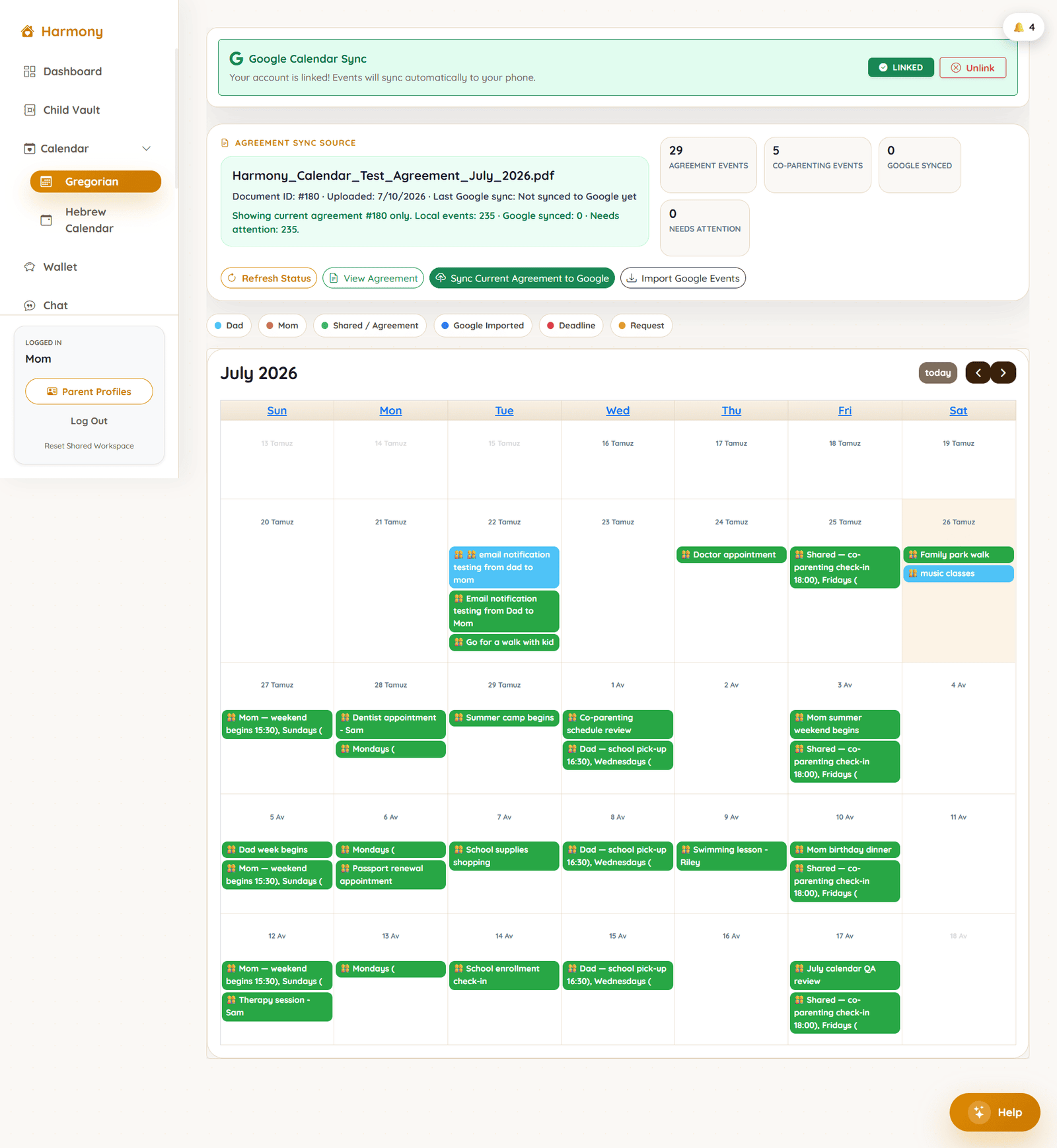 Harmony shared calendar showing parenting time, handovers, holidays and appointments with Gregorian and Hebrew dates