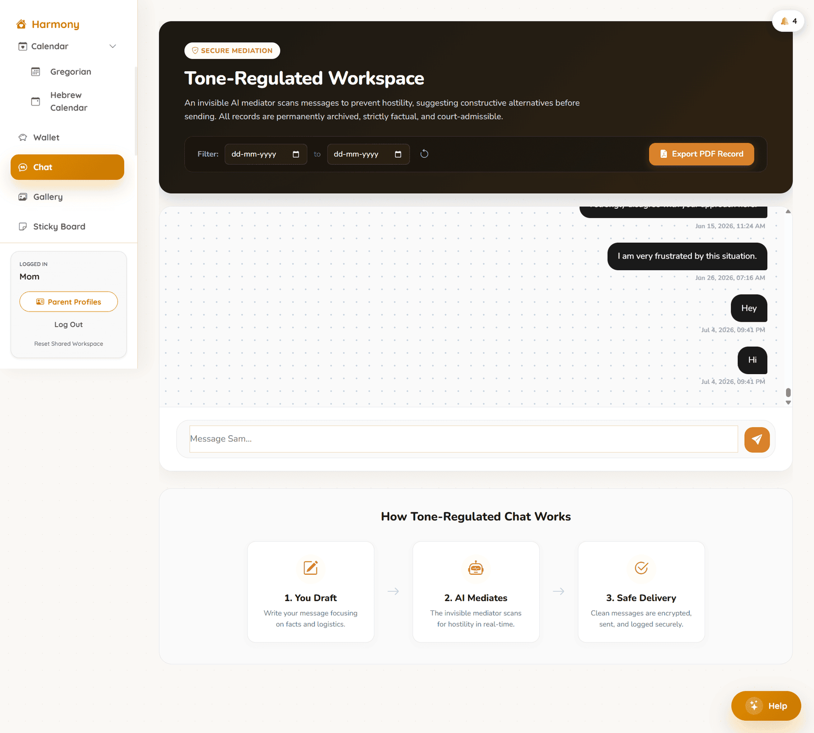 Harmony chat screen, a structured tone-aware messaging workspace with an exportable record and date filters