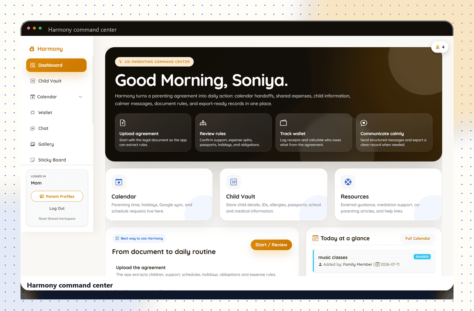 Harmony parent dashboard, the co-parenting command center showing calendar, wallet and child vault at a glance