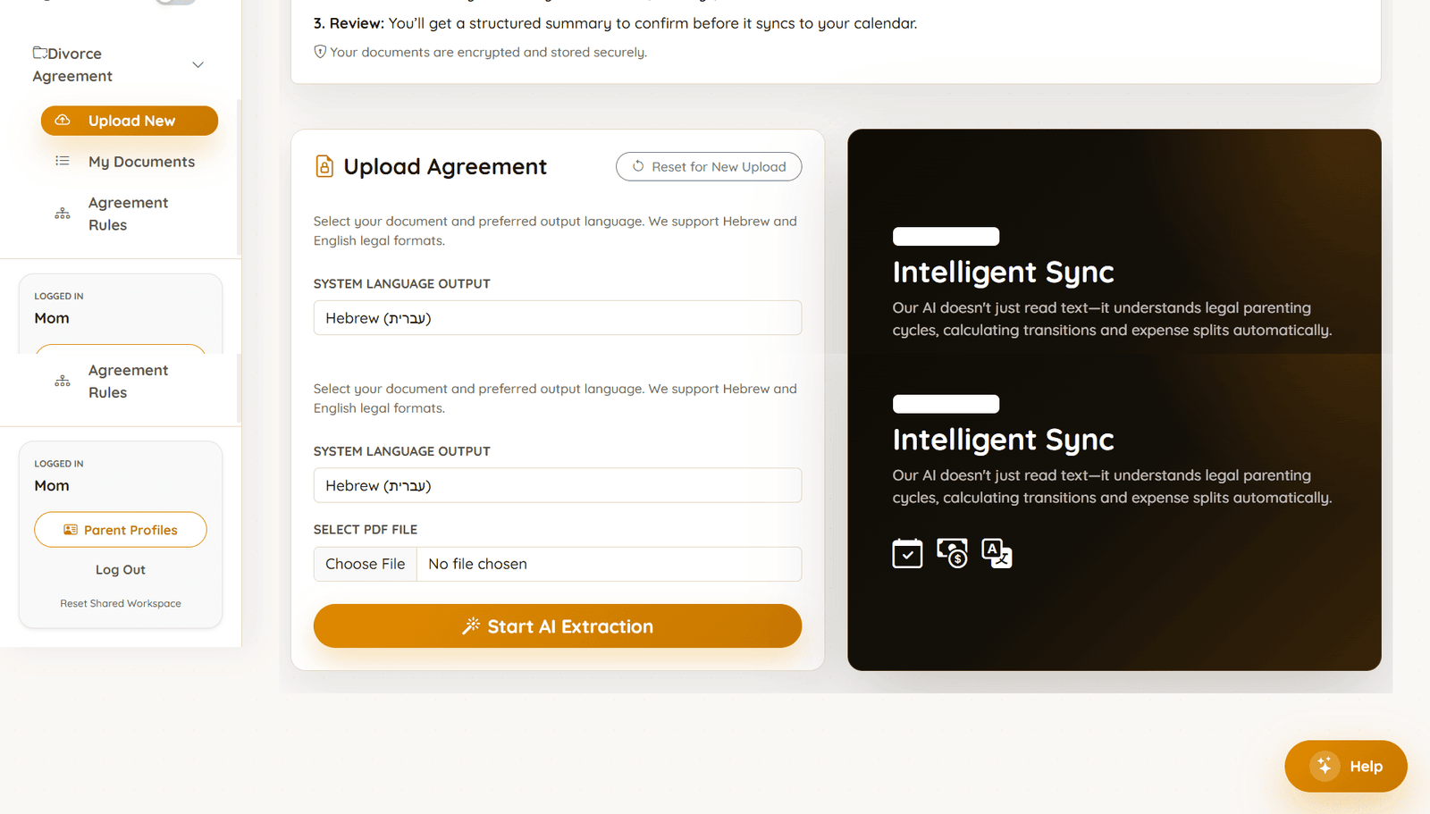 Harmony agreement extraction screen: choose Hebrew or English output and start reading a parenting agreement PDF