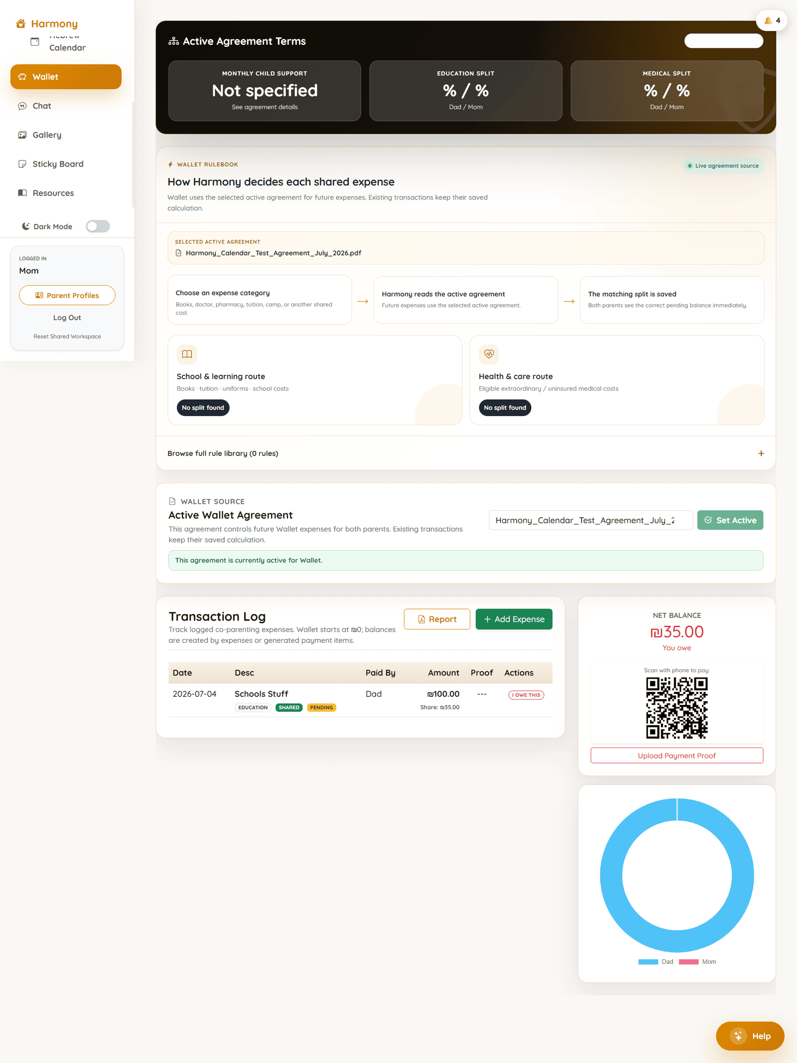 Harmony wallet screen showing agreement-based expense splits, balances, transaction log and payment proof